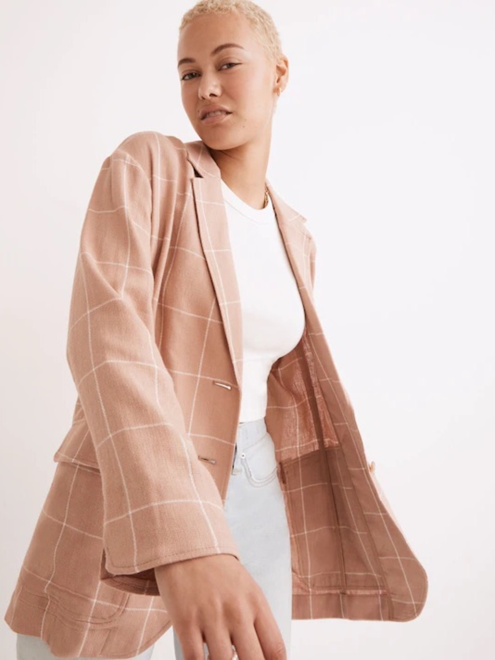 Madewell Larsen Blazer Windowpane Plaid Sandstone Pink Linen Blend Oversized XXS